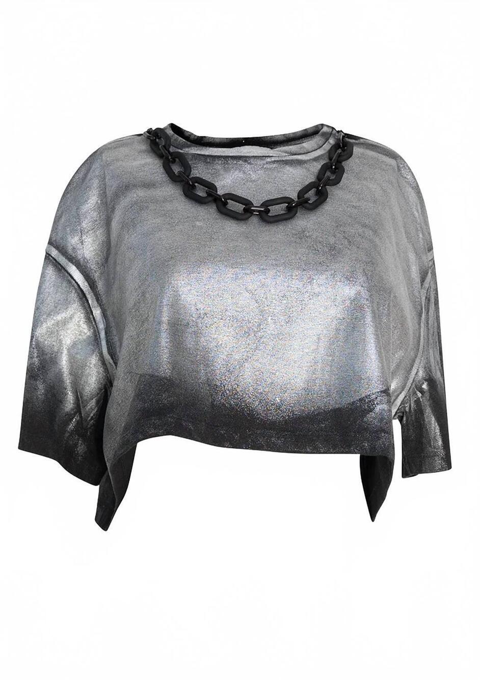NEW CIRCULAR PATH women's necklace crop t-shirt in metallic black
